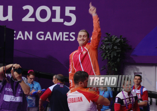 Azərbaycan gimnastı Oleq Stepko Avropa Oyunlarında paralel qollarda hərəkətlərdə qızıl medal qazandı. Bakı, Azərbaycan, 20 iyun 2015